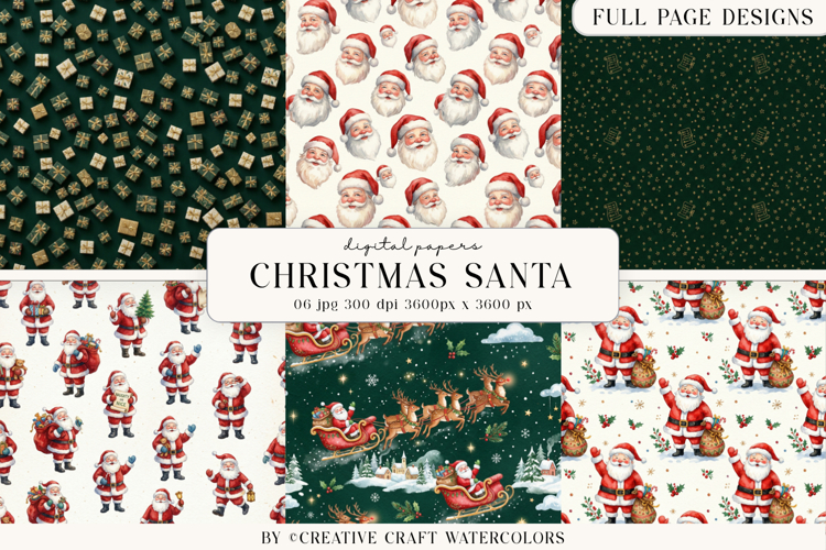 Christmas Santa Digital Paper Watercolor Reindeer Background