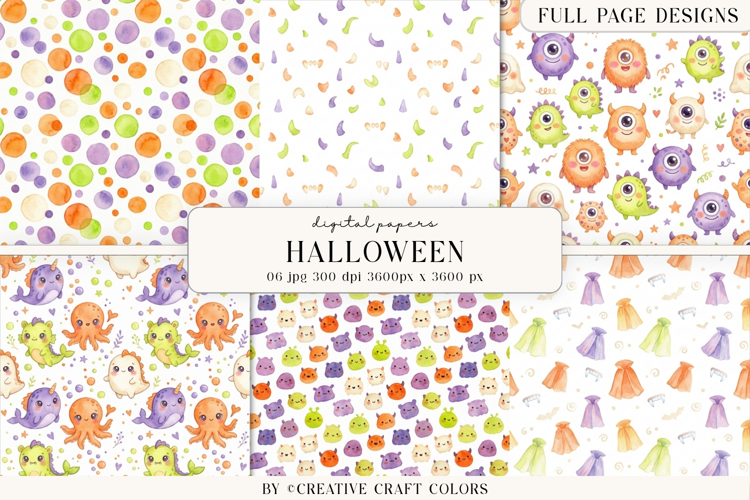 Cute Halloween Monsters, Color Digital Papers example image 1