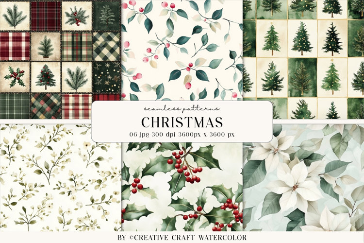 Christmas Watercolor Seamless Patterns Vintage Digital Paper