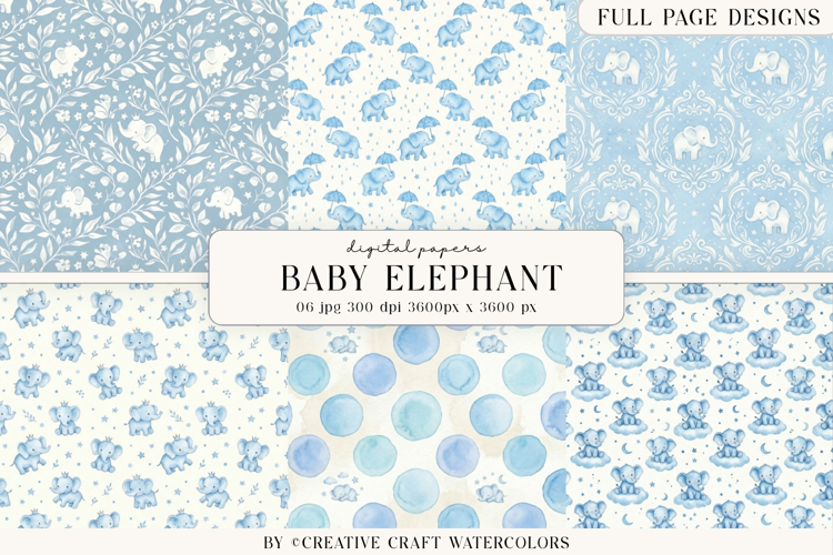 Baby Shower Boy Elephant Digital Paper Watercolor Background