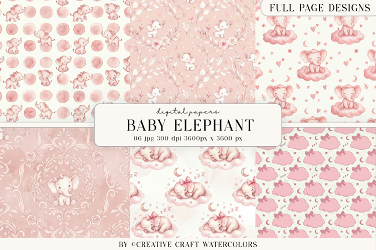 Baby Shower Girl Elephant Digital Paper Vintage Backgrounds