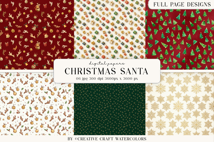 Christmas Santa Digital Paper Watercolor Reindeer Background