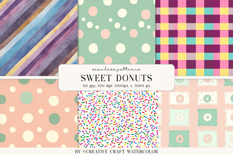 Sweet Donuts Seamless Patterns, Watercolor Digital Paper
