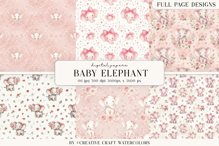 Baby Shower Girl Elephant Digital Paper Vintage Backgrounds