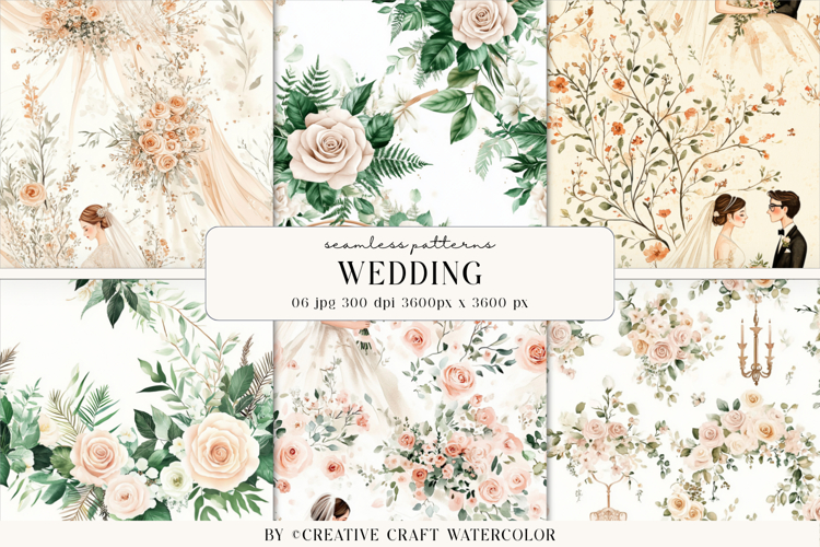 Wedding Floral Seamless Patterns, Watercolor Digital Paper