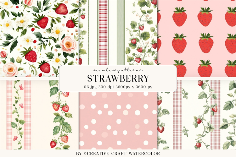 Strawberry Cottage Seamless Pattern Watercolor Digital Paper