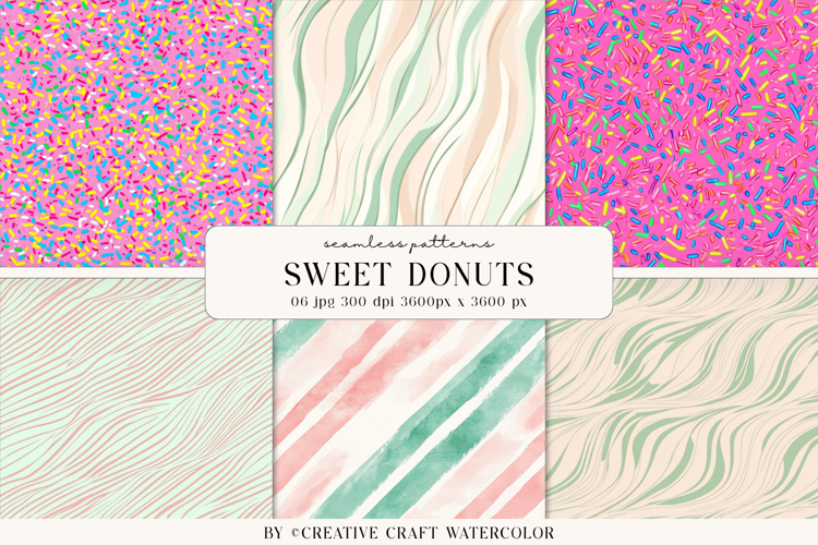 Sweet Donuts Seamless Patterns, Watercolor Digital Paper