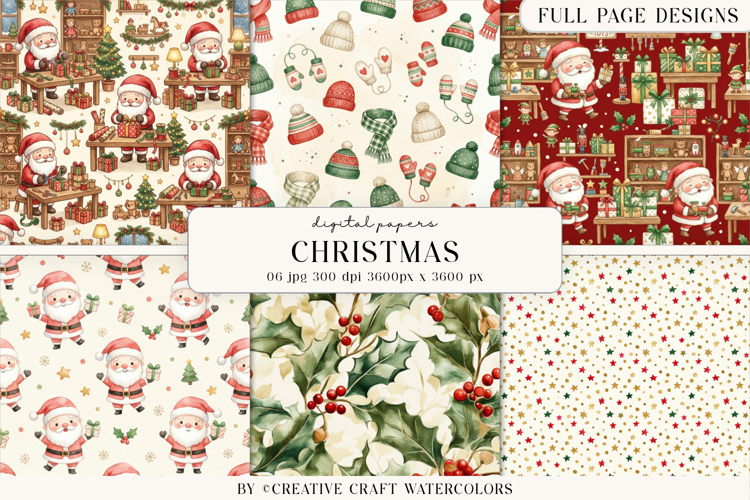 Vintage Santa Christmas Workshop Digital Paper Backgrounds
