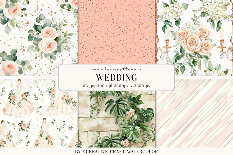 Wedding Floral Seamless Patterns, Watercolor Digital Paper