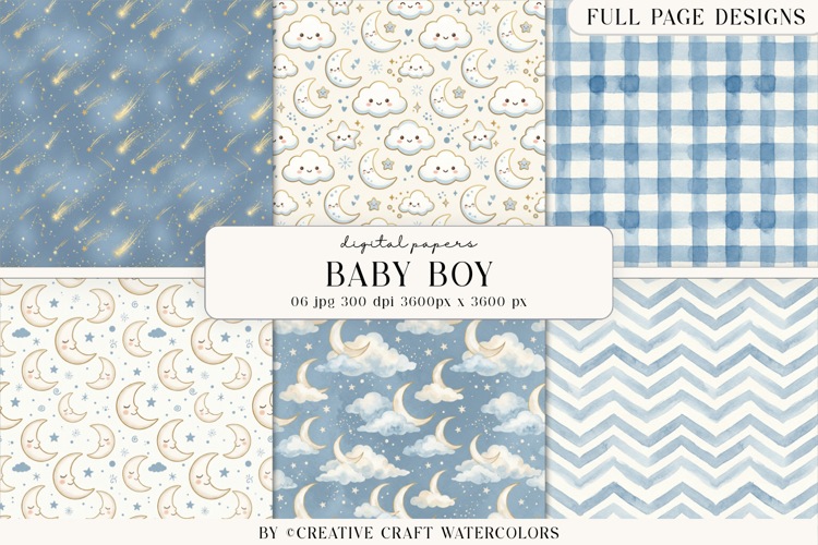 Baby Boy Digital Paper Watercolor Moon Stars Nursery