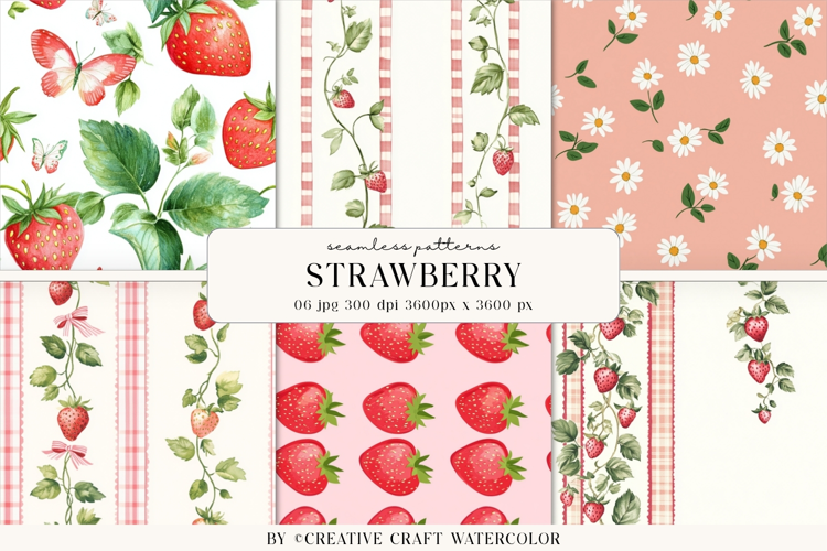Strawberry Cottage Seamless Pattern Watercolor Digital Paper