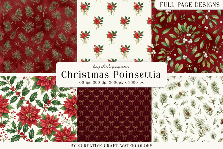 Christmas Watercolor Digital Paper, Poinsettia Backgrounds example image 1