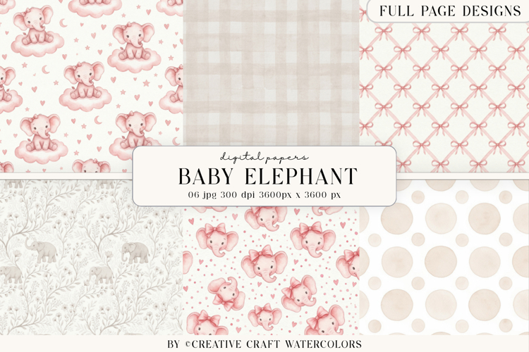 Baby Shower Girl Elephant Digital Paper Vintage Backgrounds
