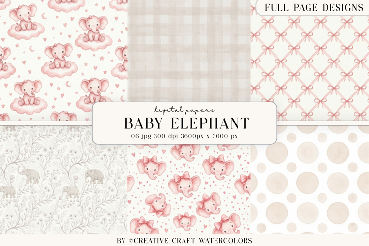 Baby Shower Girl Elephant Digital Paper Vintage Backgrounds