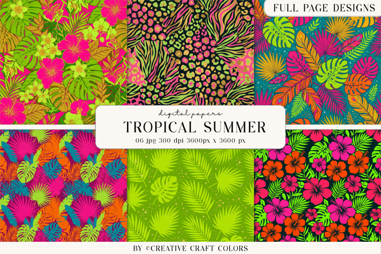 Tropical Summer Digital Paper, Neon Vibrant Backgrounds