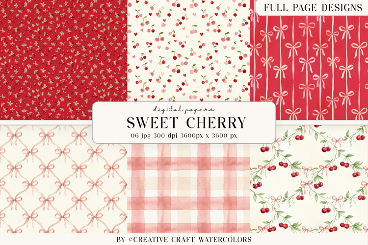Sweet Cherry Watercolor Digital Papers Vintage Background
