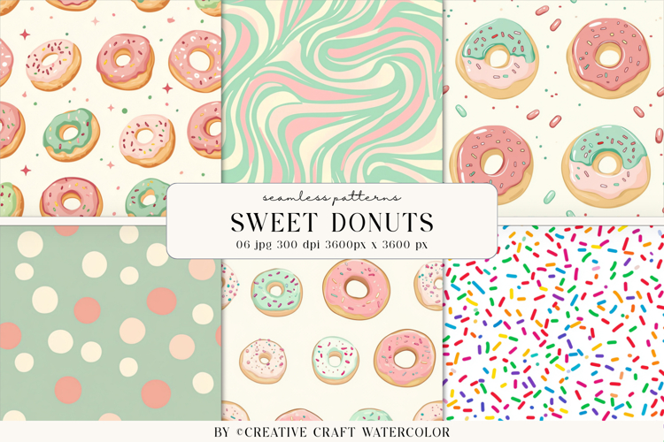 Sweet Donuts Seamless Patterns, Watercolor Digital Paper