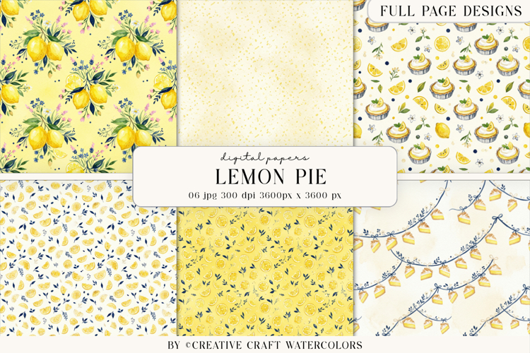 Lemon Pie Watercolor Digital Paper Bakery Backgrounds