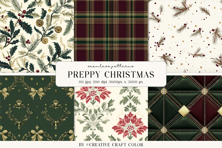 Preppy Christmas Seamless Patterns, Vintage Digital Paper