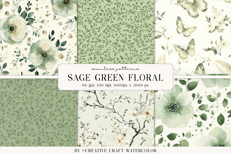Sage Green Floral Seamless Patterns Watercolor Digital Paper