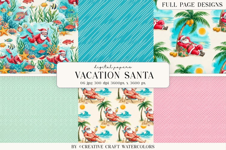 Vacation Santa Watercolor Digital Papers Tropical Background