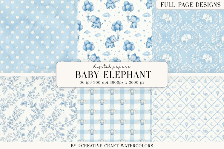 Baby Shower Boy Elephant Digital Paper Watercolor Background example image 1