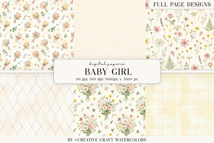 Baby Girl Floral Digital Paper Watercolor Nursery Background