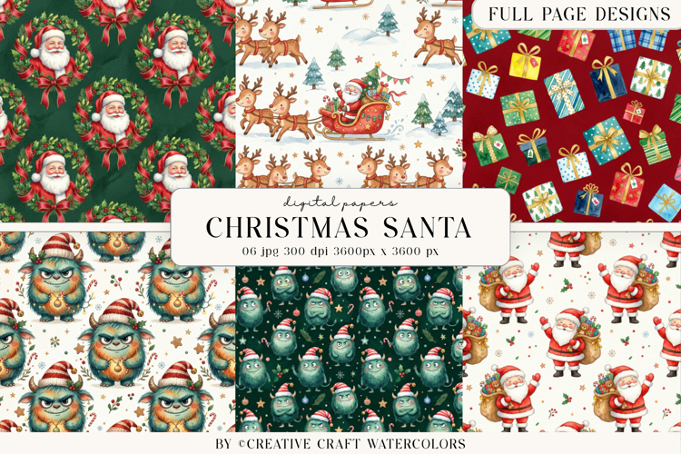 Christmas Santa Digital Paper Watercolor Reindeer Background