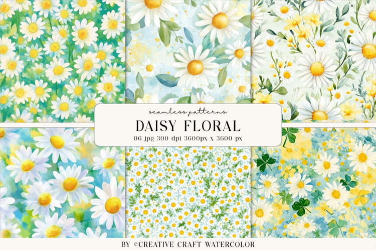 Daisy Floral Seamless Patterns, watercolor digital papers