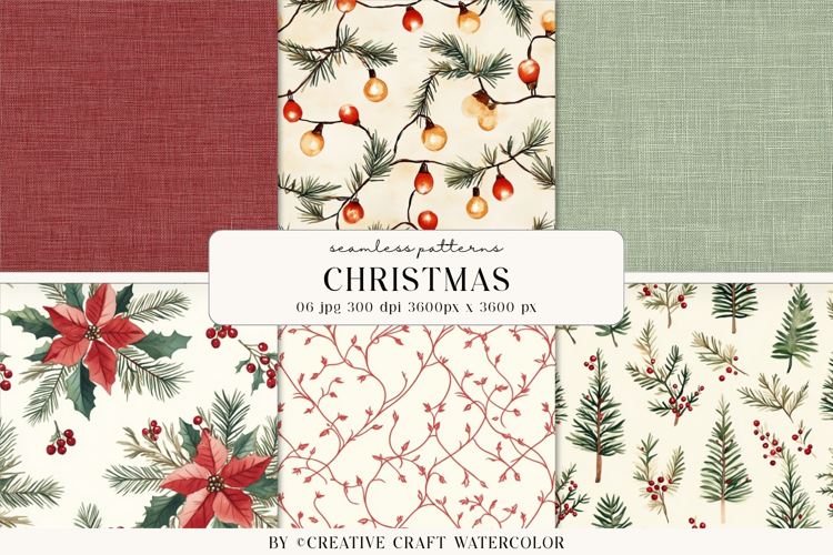 Vintage Christmas Seamless Patterns Watercolor Digital Paper