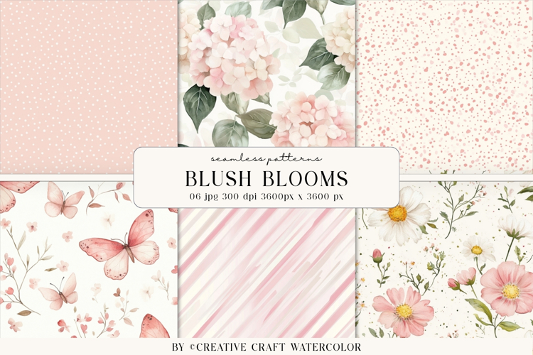 Blush Blooms Seamless Patterns, watercolor digital papers