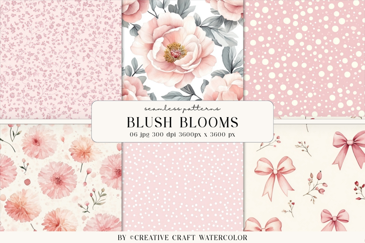 Blush Blooms Seamless Patterns, watercolor digital papers