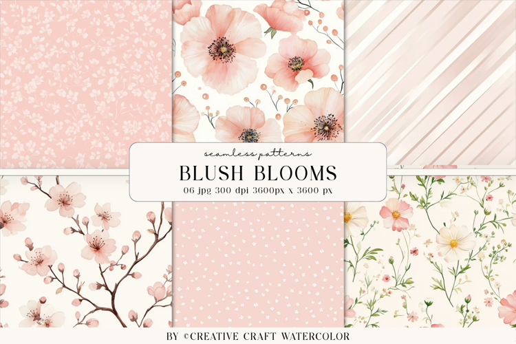 Blush Blooms Seamless Patterns, watercolor digital papers
