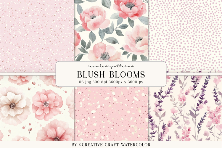 Blush Blooms Seamless Patterns, watercolor digital papers
