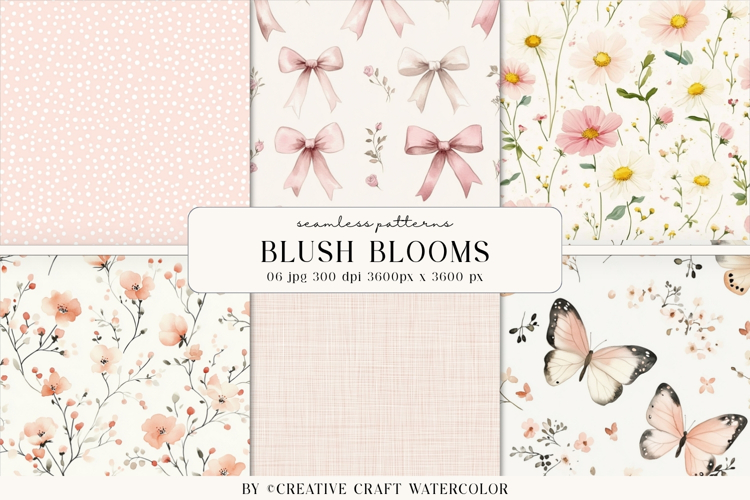 Blush Blooms Seamless Patterns, watercolor digital papers