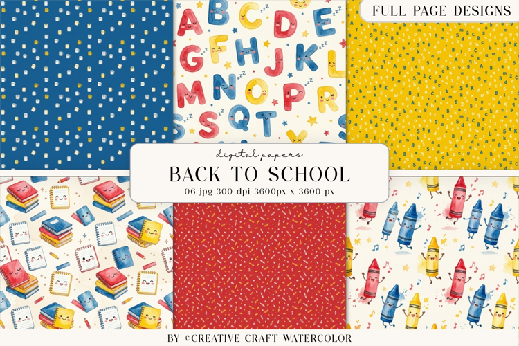 Back to School Digital Papers, watercolor scrapbook designs