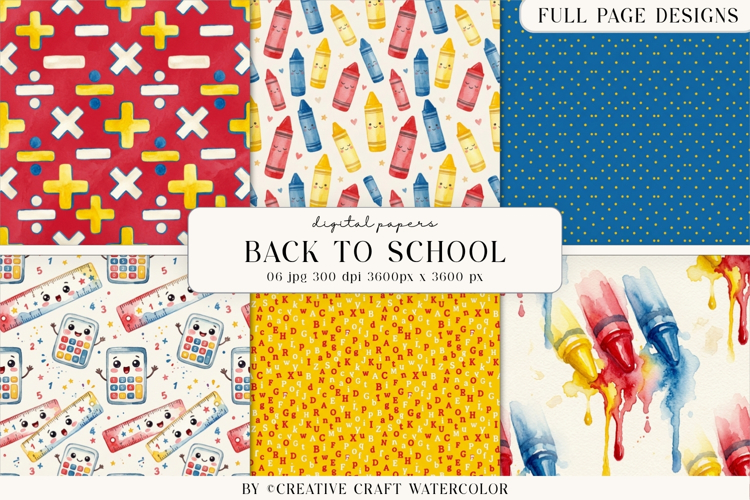 Back to School Digital Papers, watercolor scrapbook designs