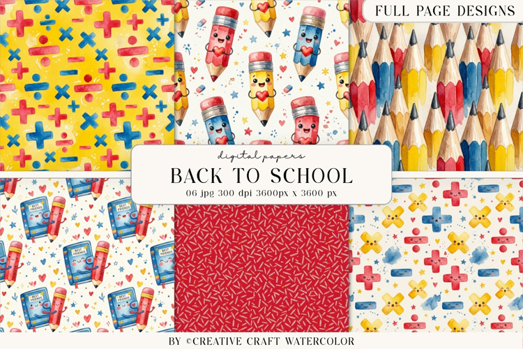 Back to School Digital Papers, watercolor scrapbook designs