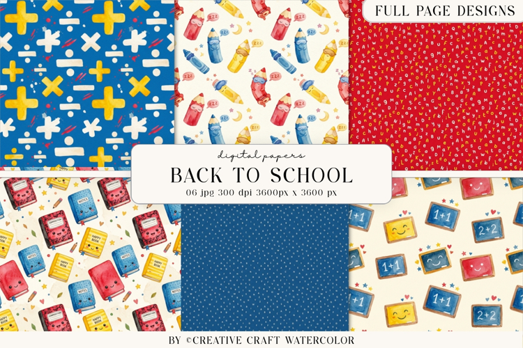 Back to School Digital Papers, watercolor scrapbook designs