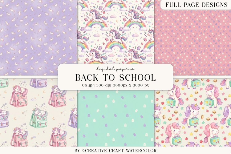 Unicorn Back to School Watercolor Digital Papers