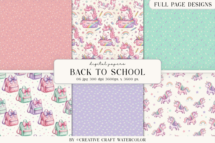 Unicorn Back to School Watercolor Digital Papers