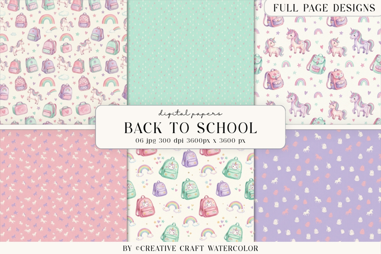Unicorn Back to School Watercolor Digital Papers