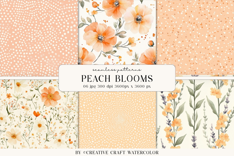 Peach Blooms Seamless Patterns, Watercolor Floral Background