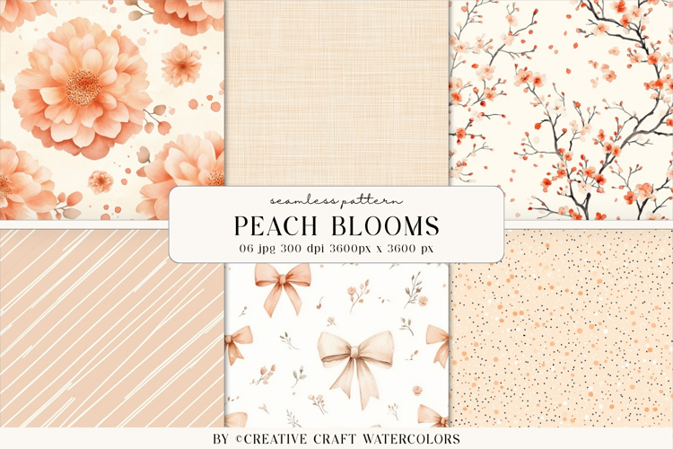 Peach Blooms Seamless Patterns, Watercolor Floral Background