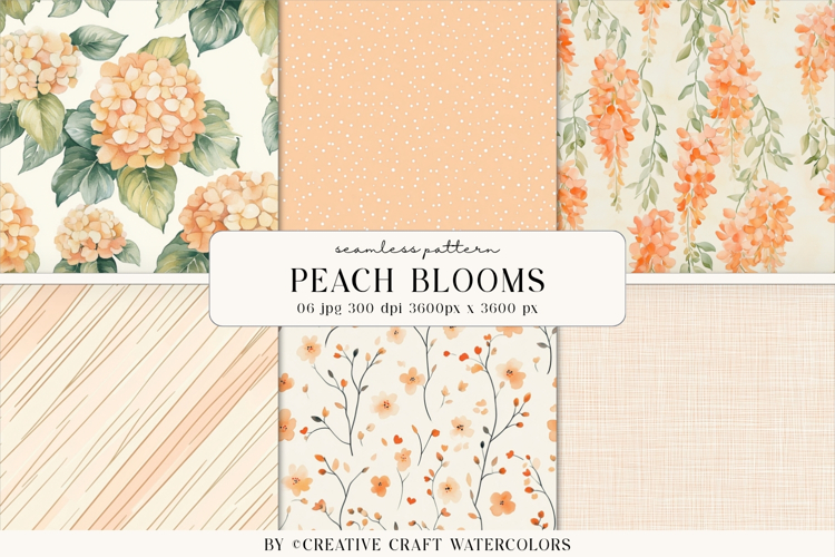 Peach Blooms Seamless Patterns, Watercolor Floral Background