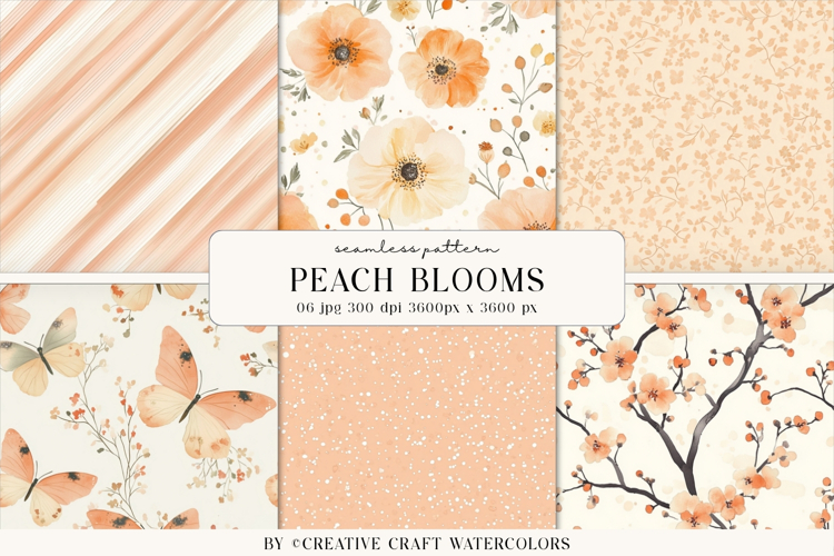 Peach Blooms Seamless Patterns, Watercolor Floral Background