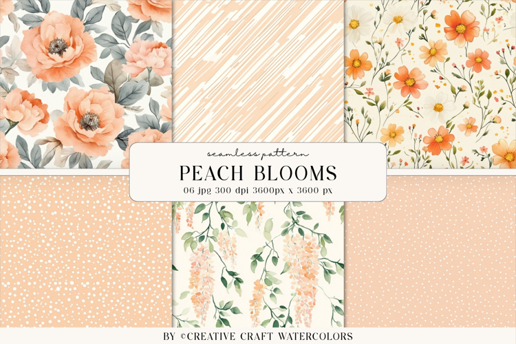 Peach Blooms Seamless Patterns, Watercolor Floral Background