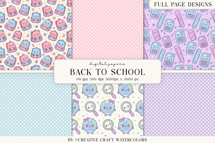 Back to School Digital Papers, watercolor scrapbook designs