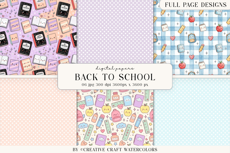 Back to School Digital Papers, watercolor scrapbook designs