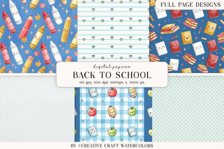 Back to School Digital Papers, watercolor scrapbook designs